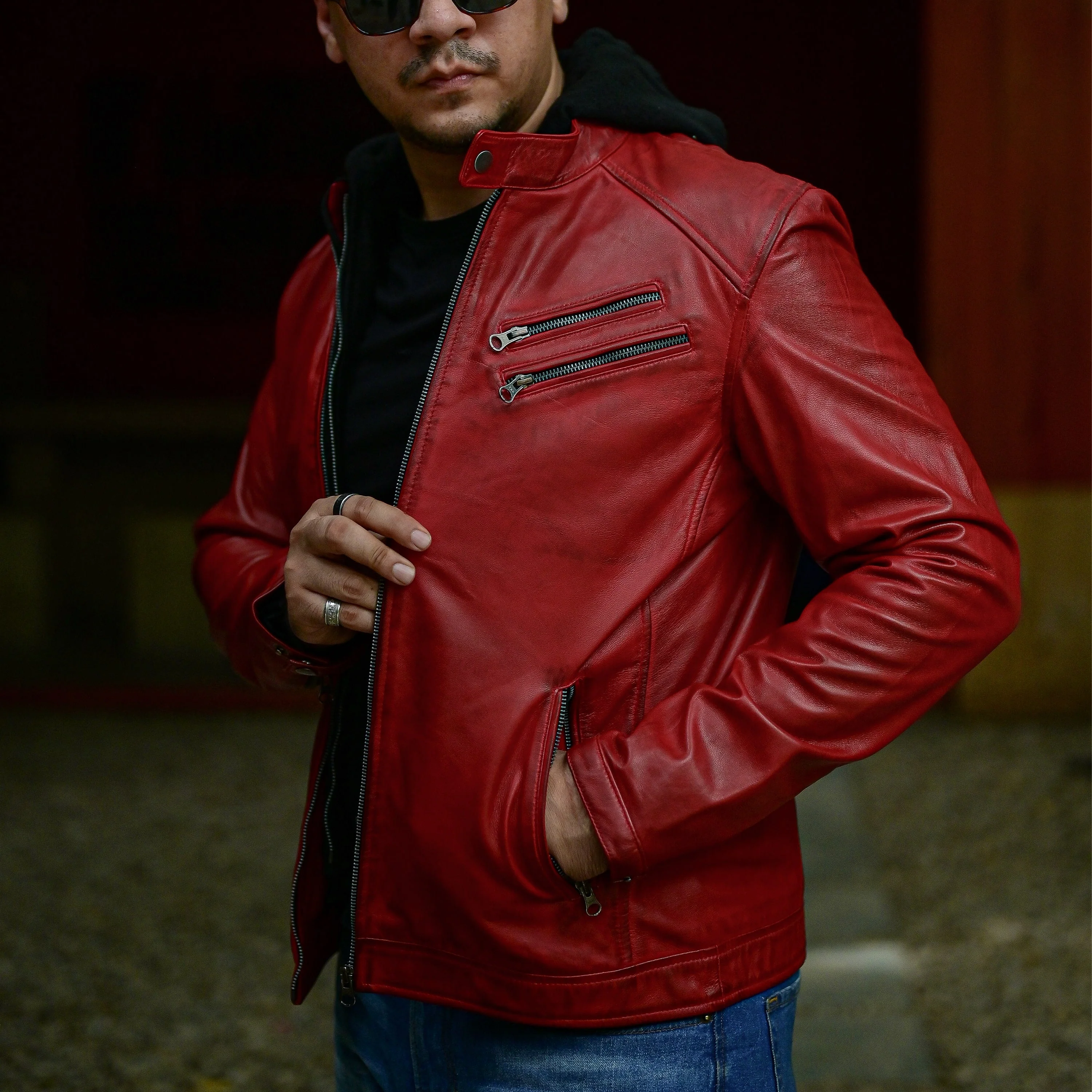 Mens Red Casual Hooded Vintage Leather Jacket with Removable Hood